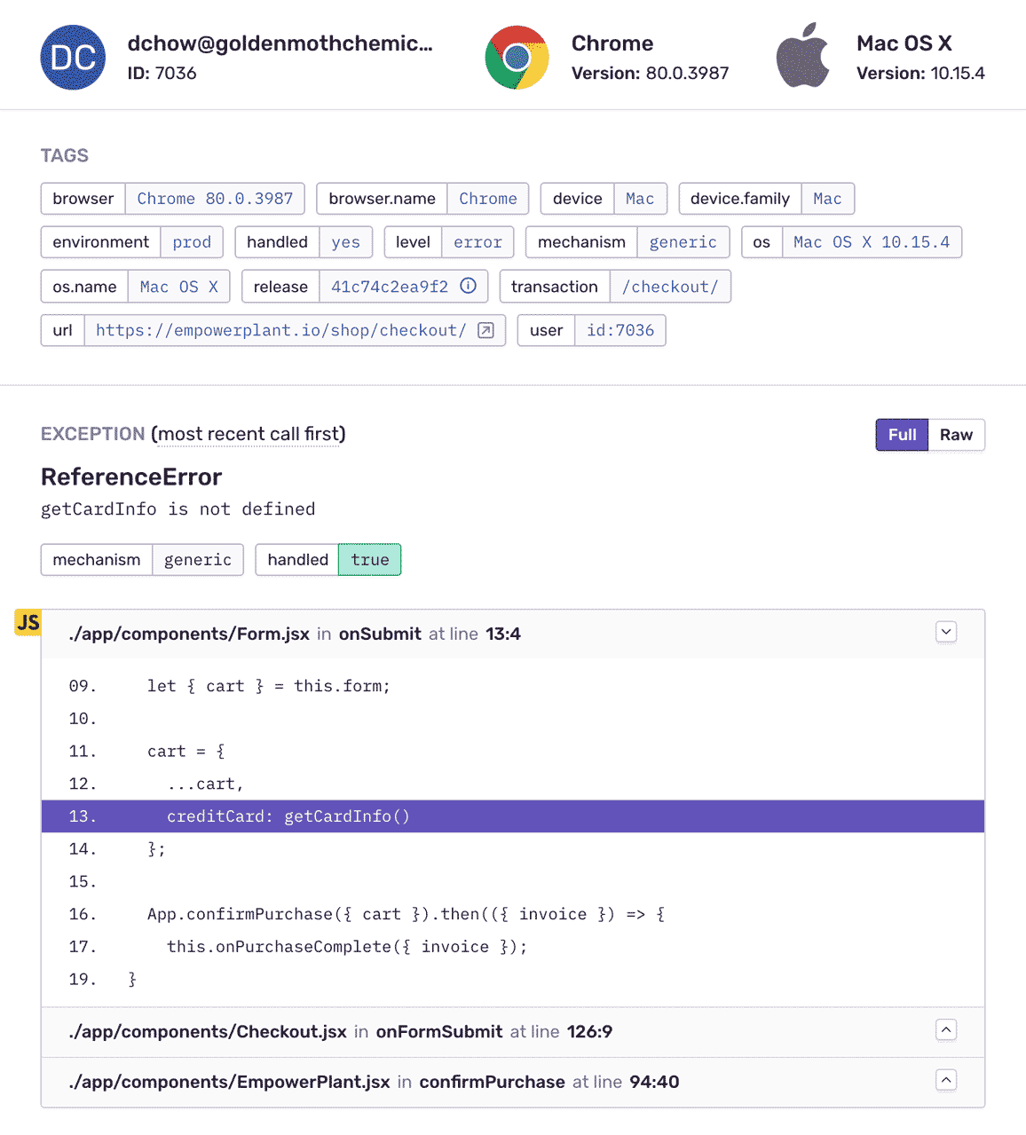 Sentry Stack Trace에서 오류 발생 위치와 호출 흐름을 확인하는 화면